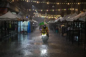 The Farmer’s Market must go on: Pacific Crest Farm’s Brooke Usrey and Caitlin Ames don’t let a little rain get in their way. Photo: Deston Nokes 